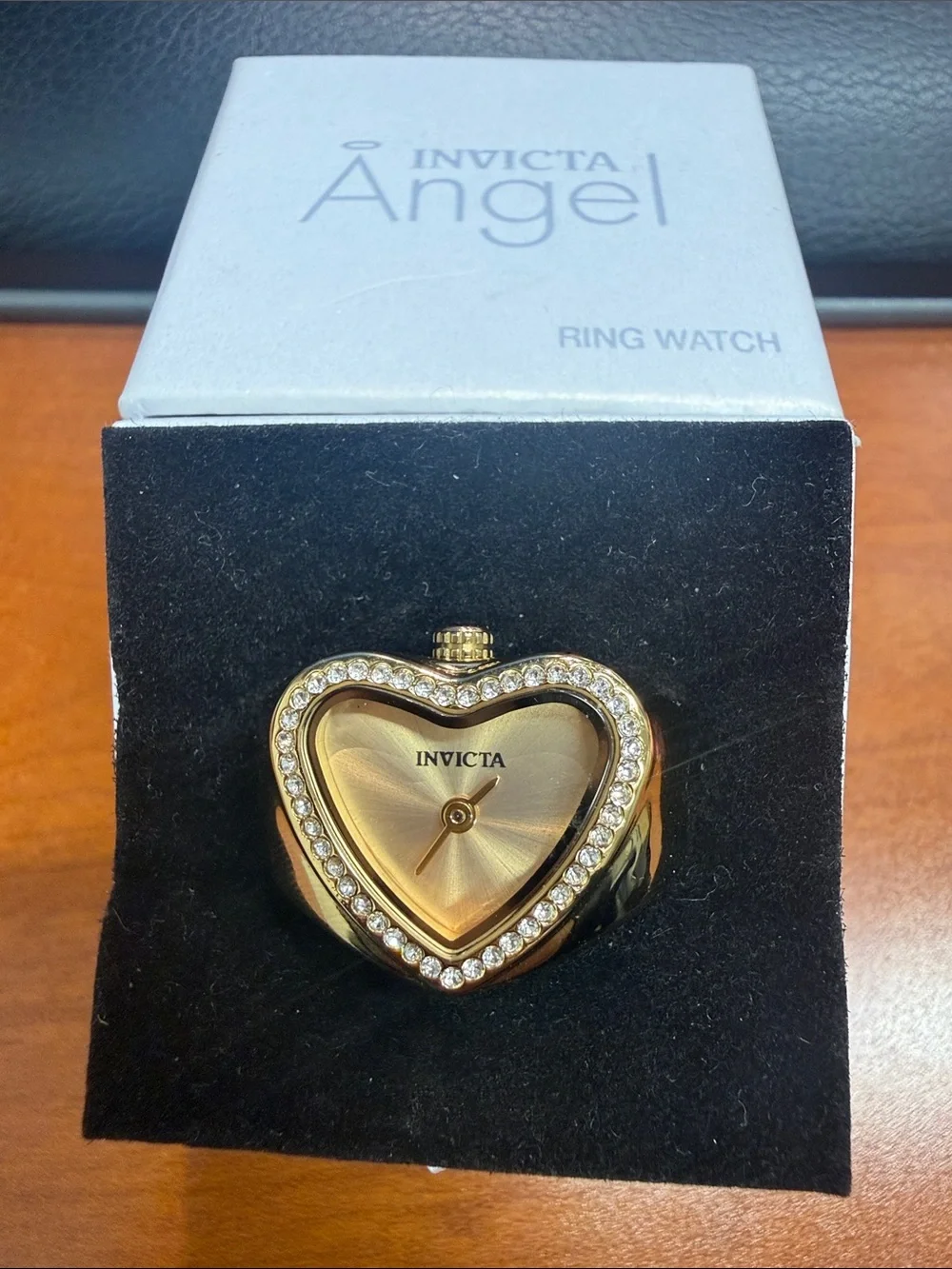 Invicta Gold Heart-Shaped Ring Watch with Crystal Halo